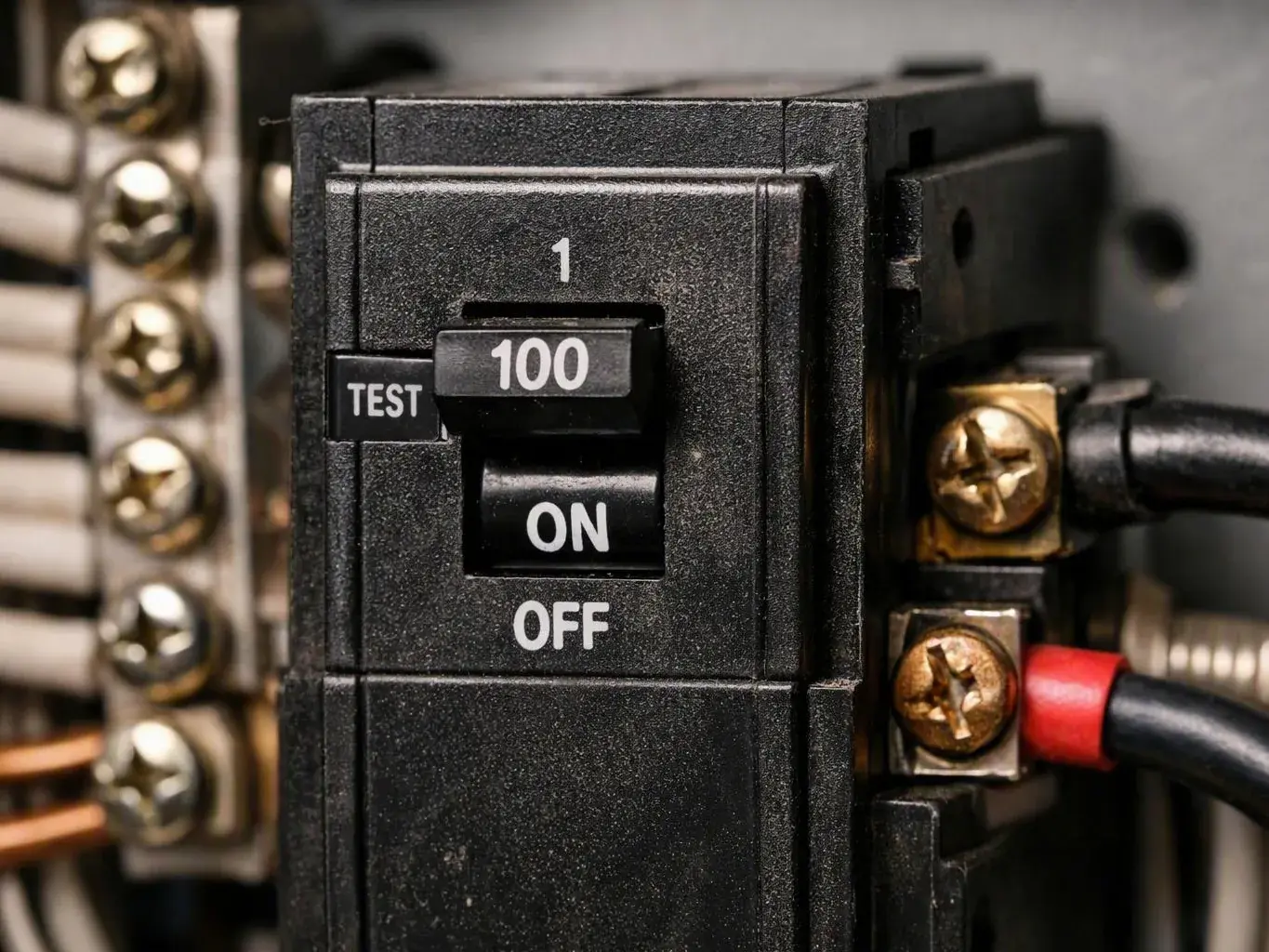Close-up of a black circuit breaker marked ON, OFF, TEST, and 100 beside wiring