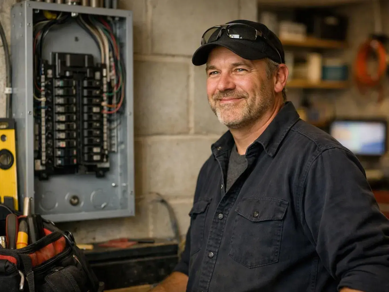 Smiling electrician stands beside an open breaker panel wearing a black cap and work shirt